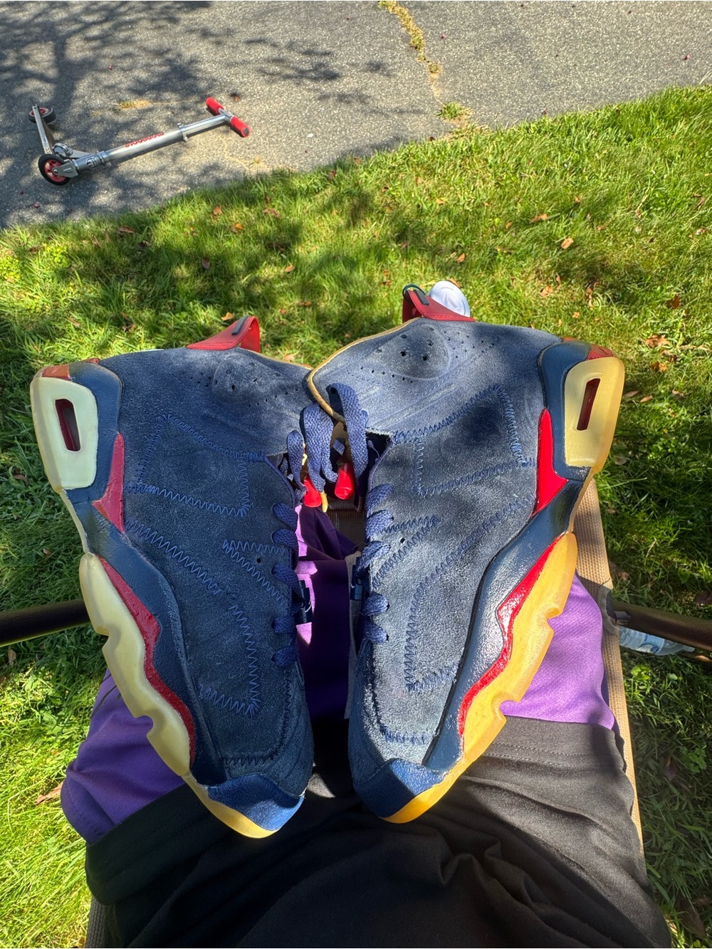 Jordan Navy Suede High-Top Sneakers with Red and Yellow Accents